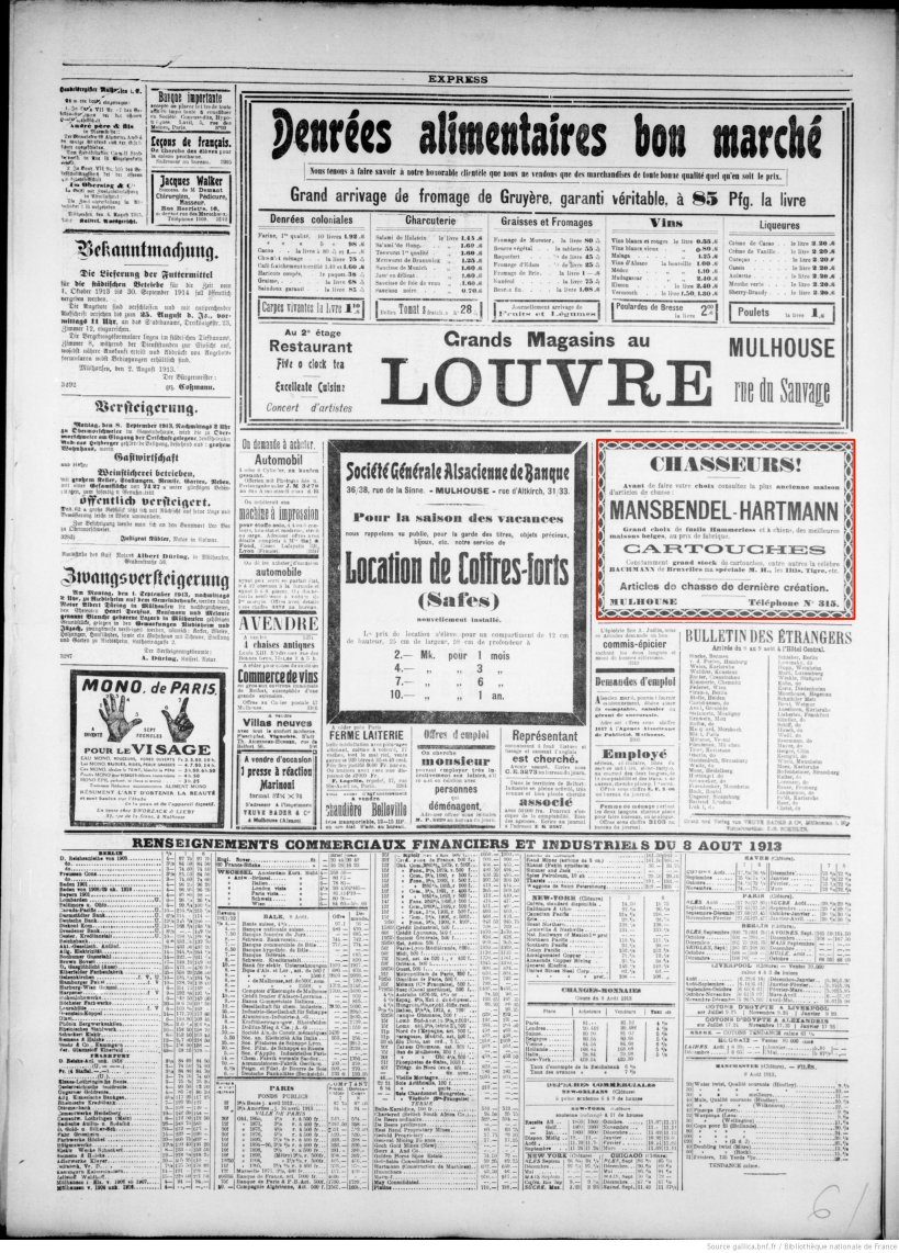 Journal L'Express de Mulhouse du  9 août 1913 (p.6) : articles de chasse de dernière création.